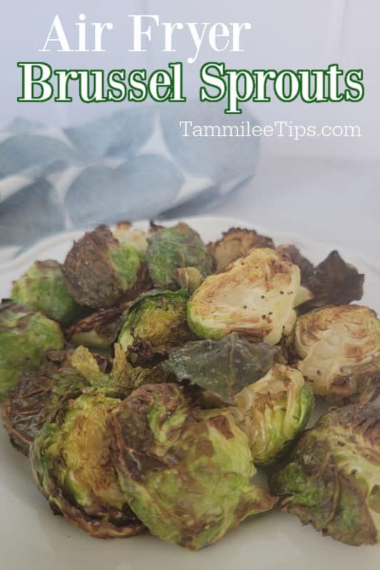 Air Fryer Brussel Sprouts text over a white plate with air fried brussel sprouts