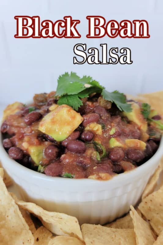 Black bean salsa over a white bowl filled with salsa and surrounded by tortilla chips
