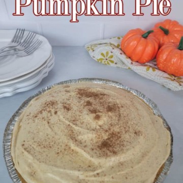 No Bake Pumpkin Pie text over a pumpkin pie with nutmeg cinnamon garnish next to white plates