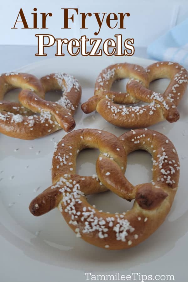 Air Fryer Pretzels text over three pretzels on a white plate