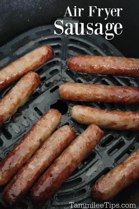 Air fryer Sausage over sausage links in an air fryer basket