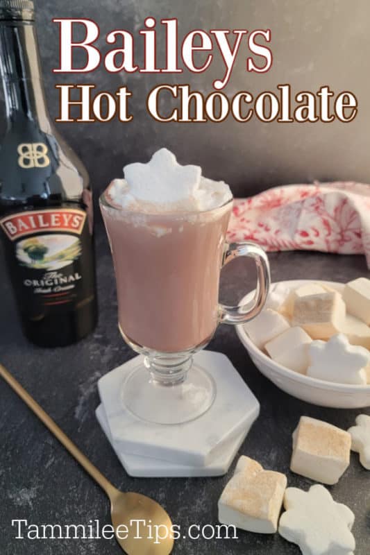 Baileys hot Chocolate text over a mug of hot chocolate with marshmallows and a bottle of Baileys Irish Cream in the background