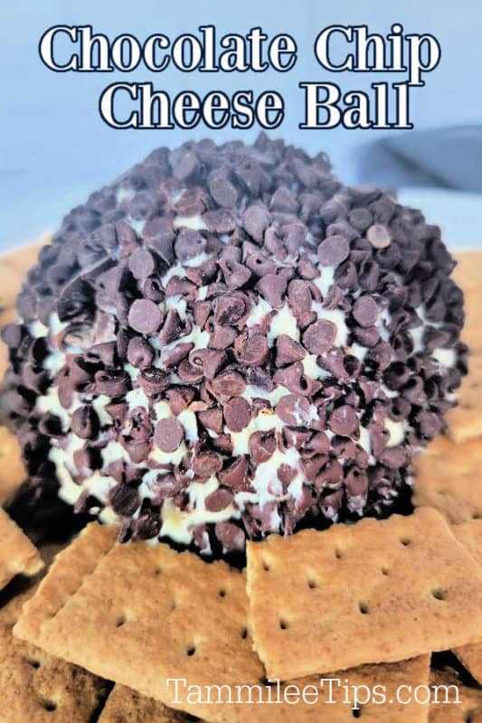 Chocolate Chip Cheese Ball text over a chocolate chip cream cheese ball surrounded by graham crackers.