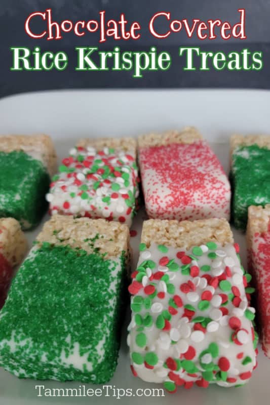 Chocolate Covered Rice Krispie Treats text written over a platter of rice krispie treats