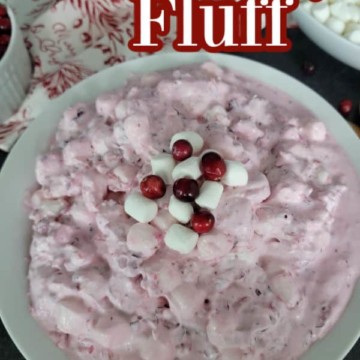 Cranberry Fluff text over a large bowl of pink cranberry jello fluff salad