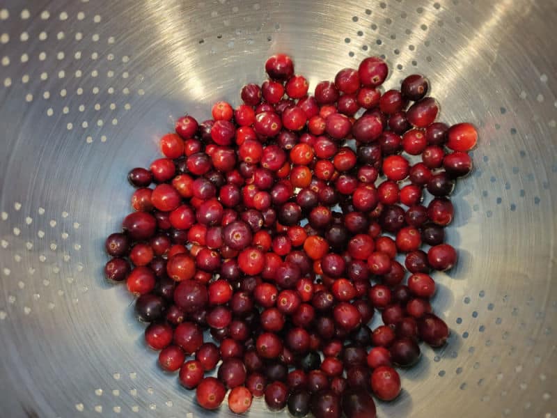 Fresh cranberries in a colander for cranberry salad