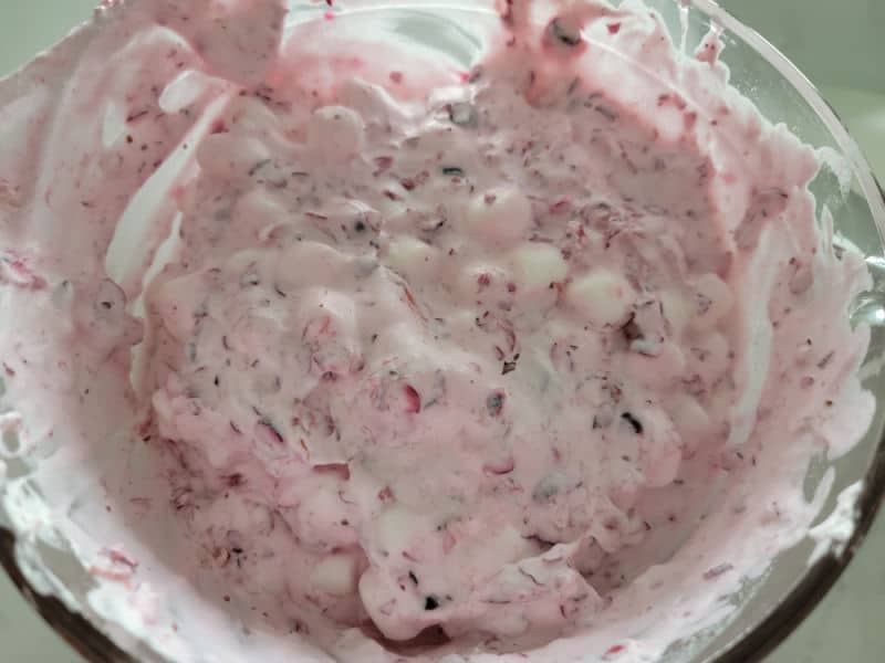 Cranberry Fluff Salad in a glass bowl