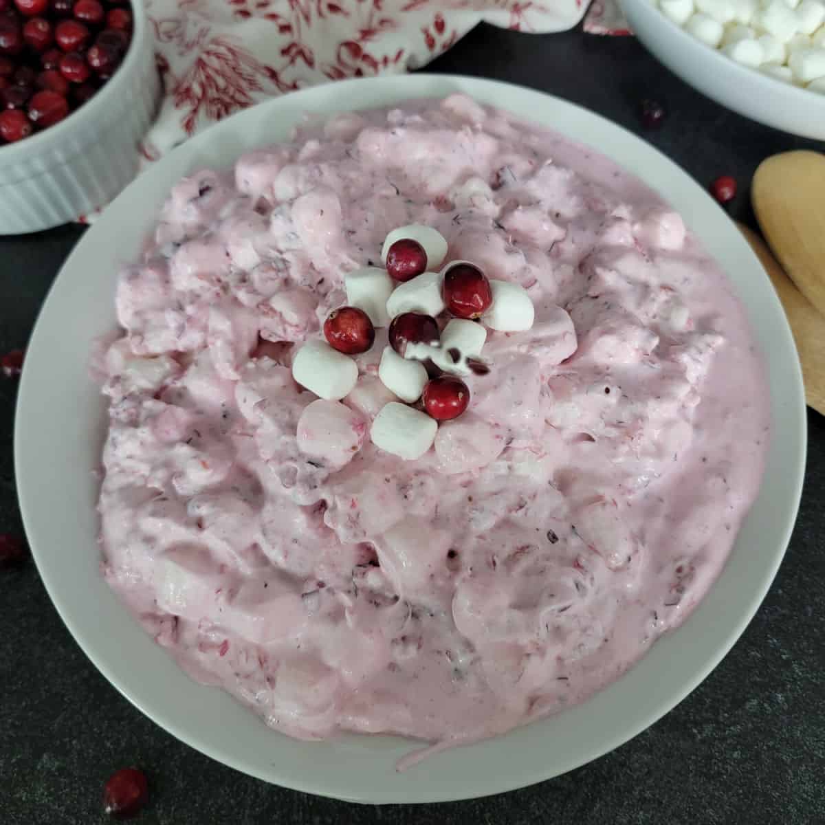 Cranberry Fluff Salad in a white bowl next to cranberries