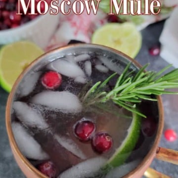 cranberry mule in a copper mug with cranberries and rosemary garnish