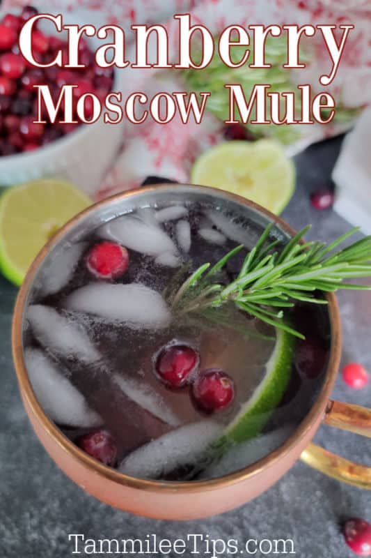 Cranberry Moscow Mule text over a copper mug filled with cranberry mule garnished with cranberries and rosemary
