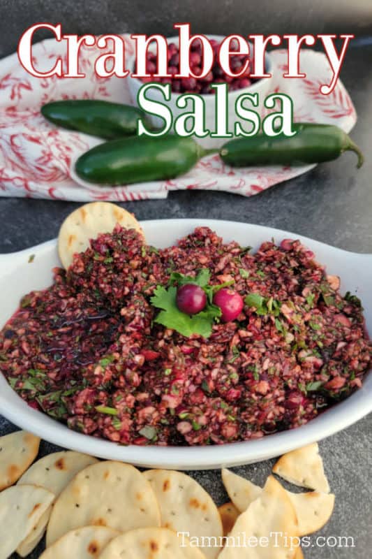 Cranberry Salsa text over a white bowl filled with cranberry salsa next to crackers and jalapenos