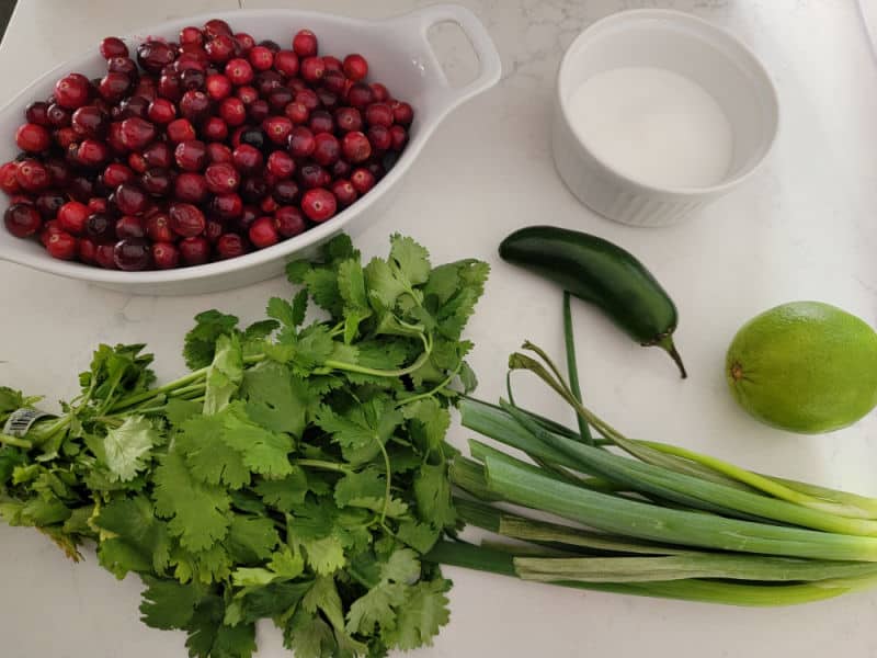 bowl of cranberries, sugar, jalapeno, lime, cilantro, and green onion on a white counter for Cranberry Salsa