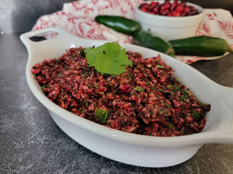 cranberry salsa in a long bowl garnished with cilantro