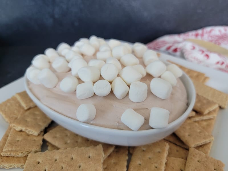 Hot chocolate dip in a white bowl garnished with mini marshmallows surrounded by graham crackers
