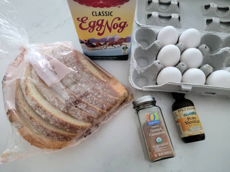 Eggnog French Toast ingredients, sliced bread, classic eggnog, eggs, ground cinnamon, pure vanilla