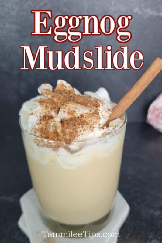 Eggnog Mudslide text over a filled cocktail glass garnished with whipped cream