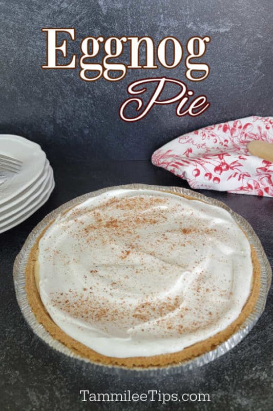Eggnog Pie text written over a no bake eggnog pie on a dark counter