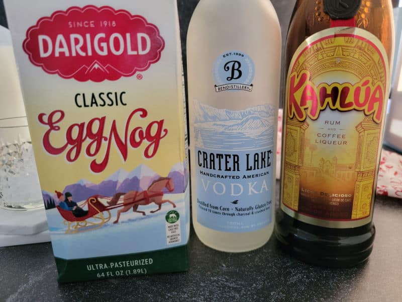 Eggnog White Russian Ingredients, classic eggnog, vodka, and Kahlua 