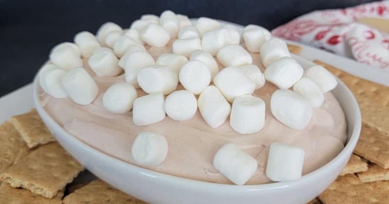 Hot Chocolate dip in a white bowl garnished with mini marshmallows