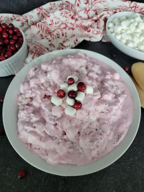 cranberry fluff salad in a white bowl