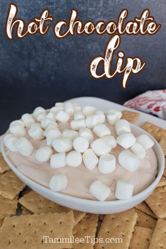 Hot Chocolate Dip text written over a bowl of Hot Cocoa Dip topped with mini marshmallows surrounded by graham crackers