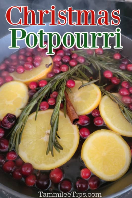 Christmas Potpourri text printed over a bowl of simmering stovetop Christmas Potpourri with cranberries, rosemary, oranges 