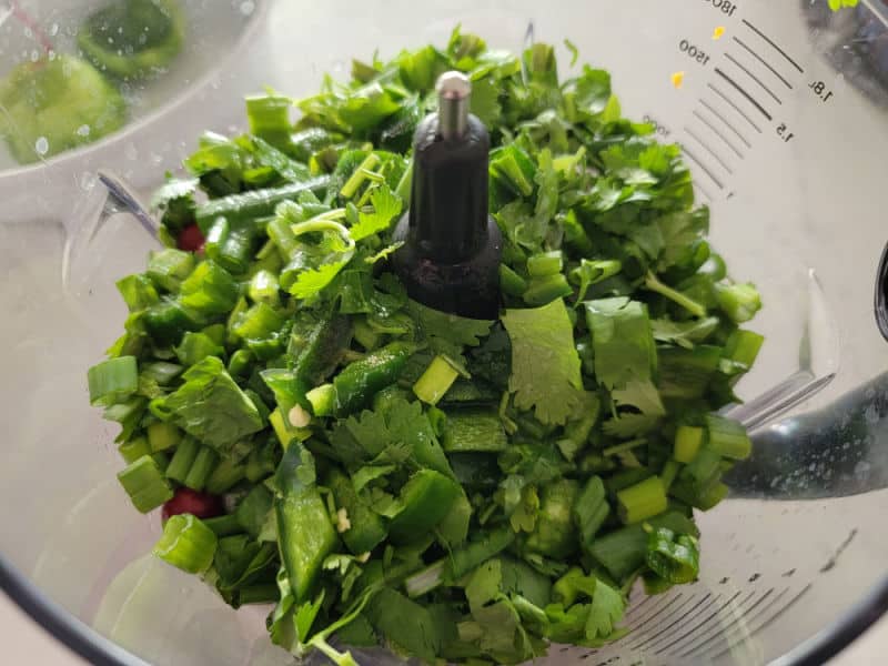 cilantro, lime, green onion, and cranberries in a blender for cranberry salsa