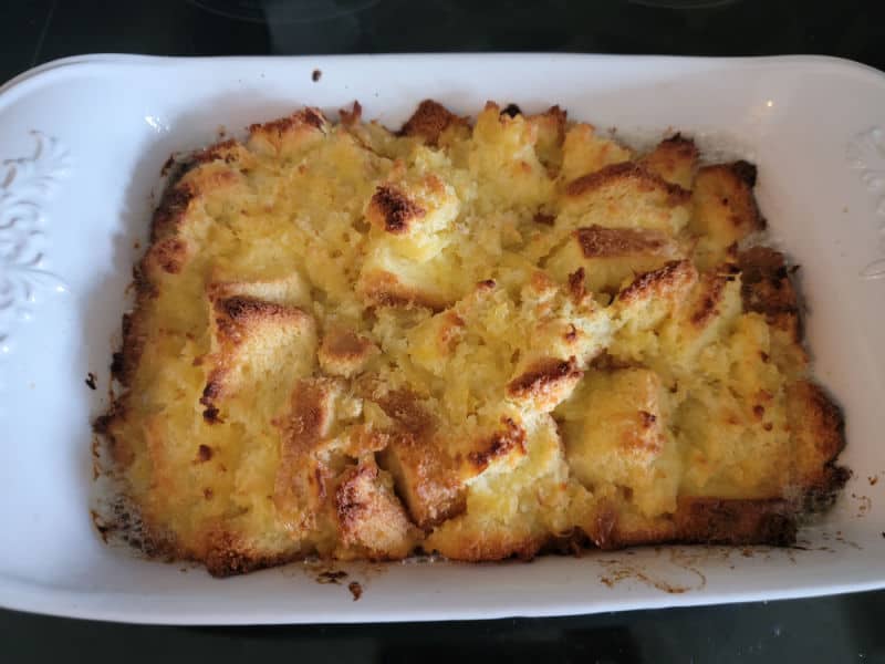 Pineapple casserole in a baking dish out of the oven