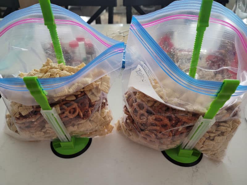 Ziploc bag holders holding reindeer chow 