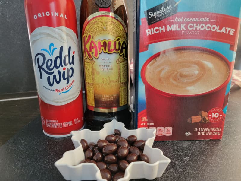 Kahlua Hot Chocolate ingredients, Reddi Whipped Cream, Kahlua Rum and Coffee Liqueur, Hot Chocolate, Chocolate Covered espresso beans