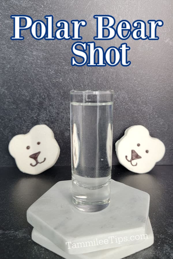 Polar Bear Shot text over a filled shot glass and 2 polar bear marshmallows