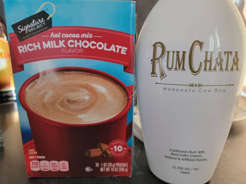 RumChata Hot Chocolate ingredients, dry cocoa mix and RumChata Horchata Con Ron