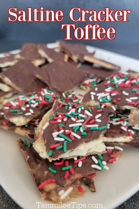 Saltine Cracker Toffee text written above a white plate with Christmas Crack covered in holiday sprinkles