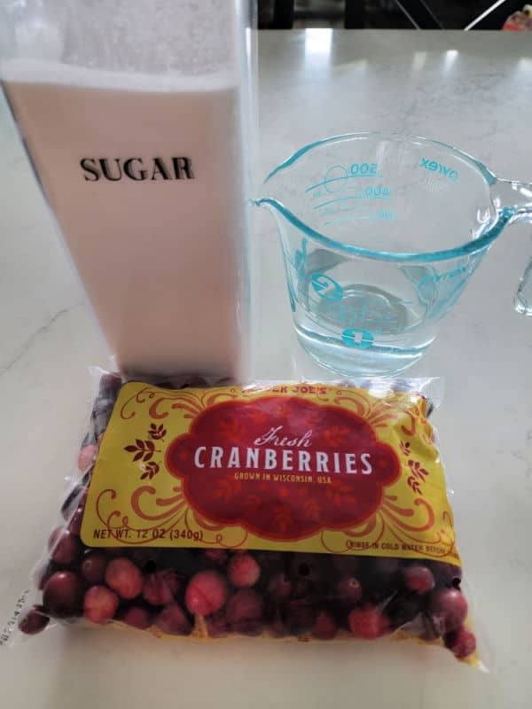 Sugared Cranberries ingredients sugar, water, and fresh cranberries
