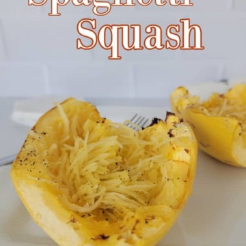 Air Fryer Spaghetti Squash text over two halves of seasoned spaghetti squash