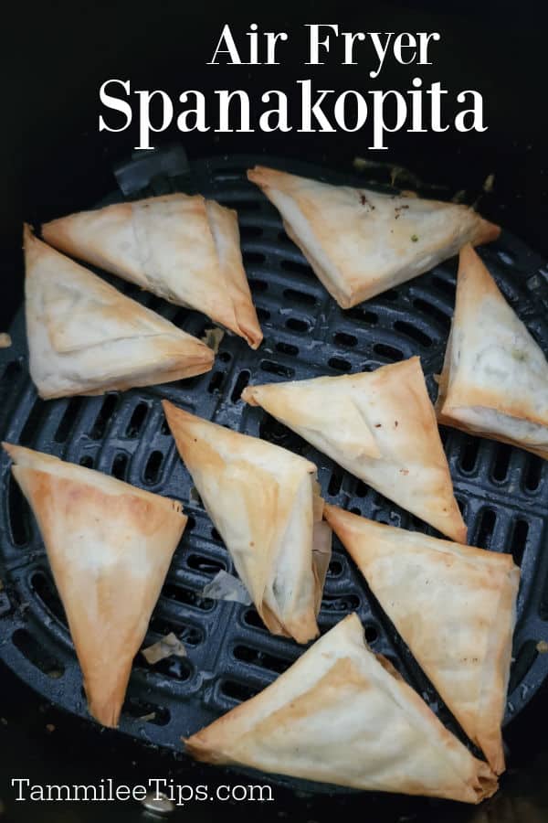 Air Fryer Spanakopita text over triangles of spanakopita in the air fryer