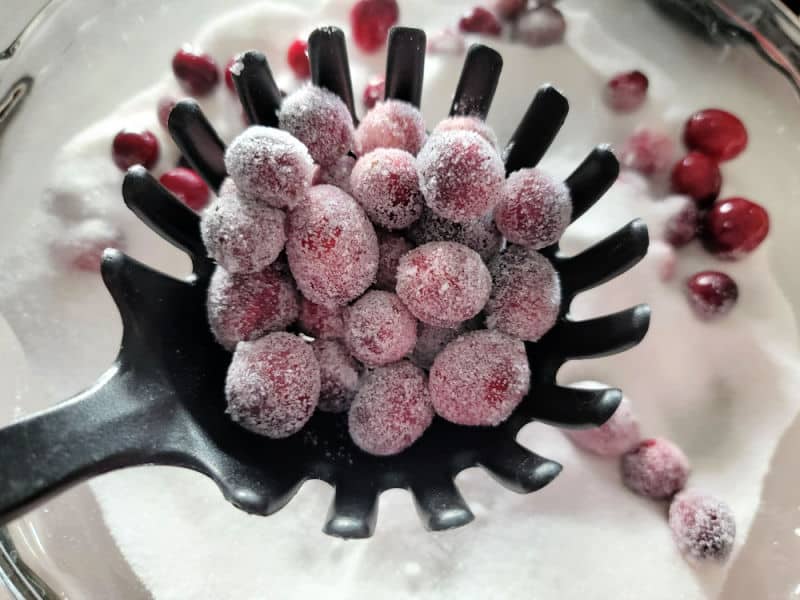 sugared cranberries in a slotted spoon