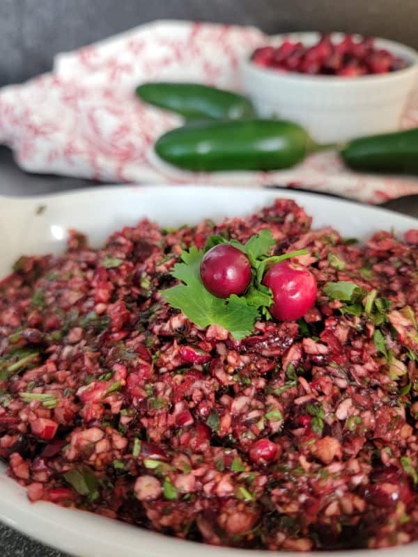 Cranberry salsa in a white bowl garnished with a cilantro leaf and cranberries