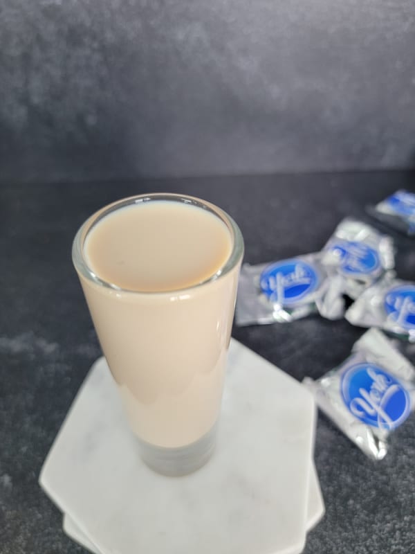 peppermint shot next to York Peppermint chocolate packages