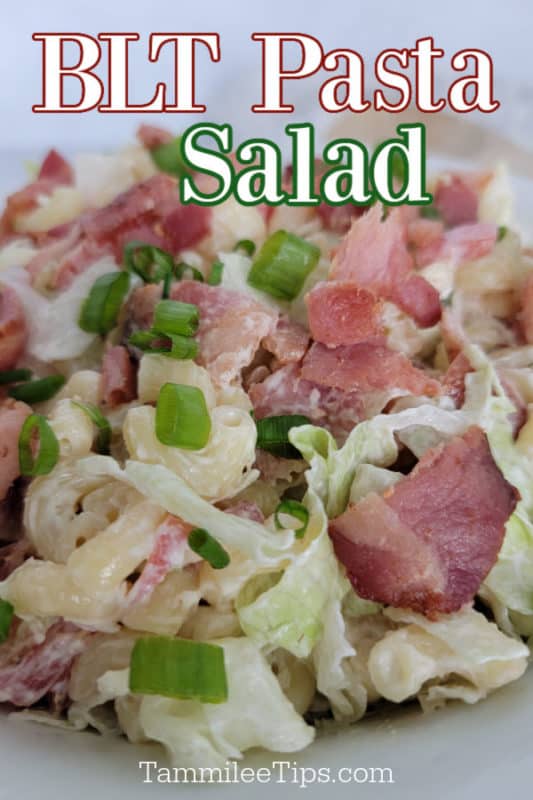 BLT Pasta Salad over bacon, macaroni, and green onions in a white bowl 