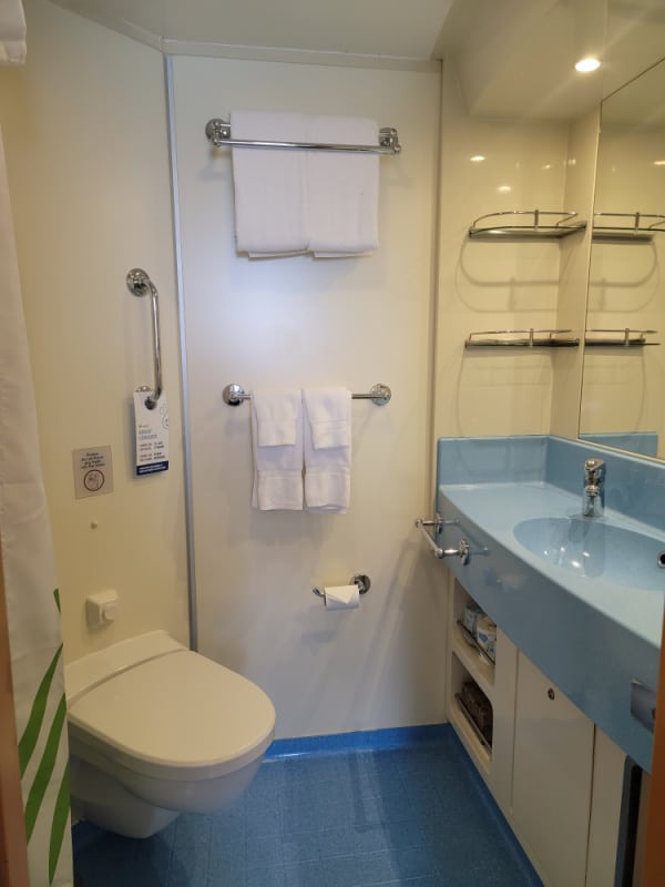 Cruise ship bathroom with blue counter with sink and toilet
