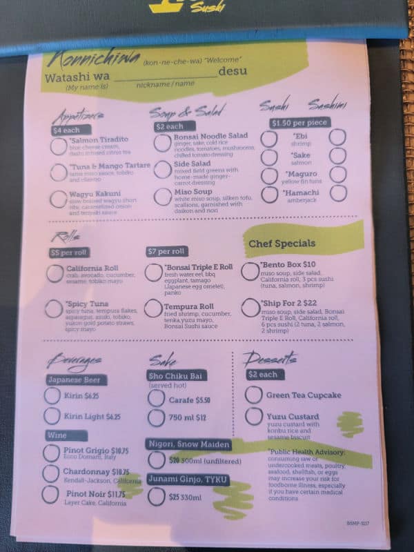 Bonsai Sushi menu