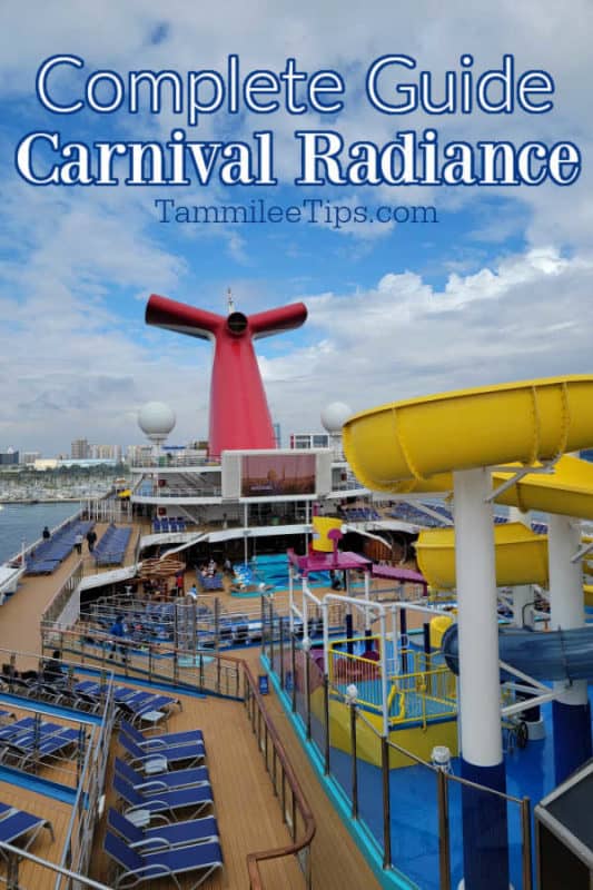 Complete guide to Carnival Radiance over the pool deck with waterslide, deck chairs, and Carnival Funnel