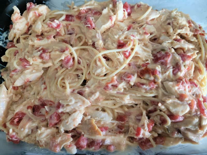 Rotel Chicken Spaghetti in a casserole dish before baking