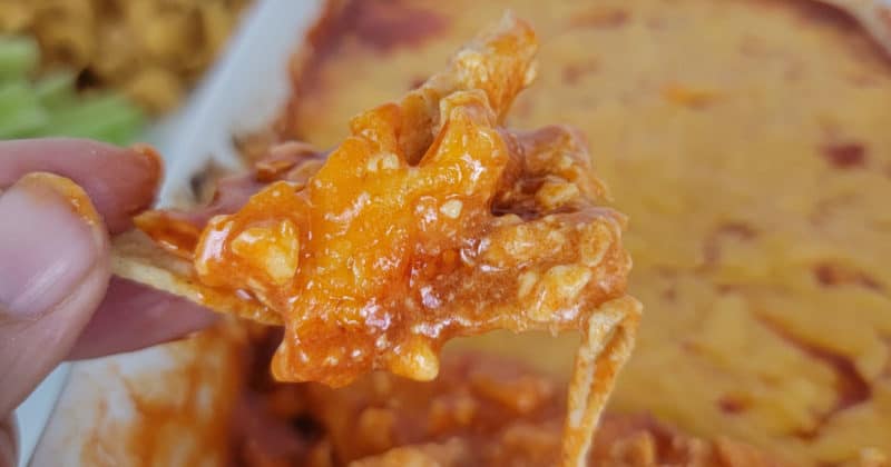 Epic Buffalo Chicken Dip Recipe in a white casserole dish