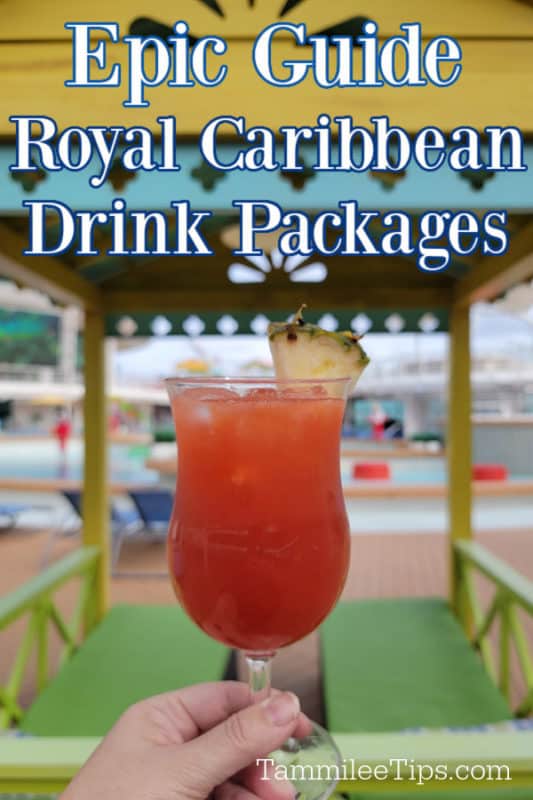 Royal Caribbean Drink Packages text over a hand holding a red tropical cocktail 