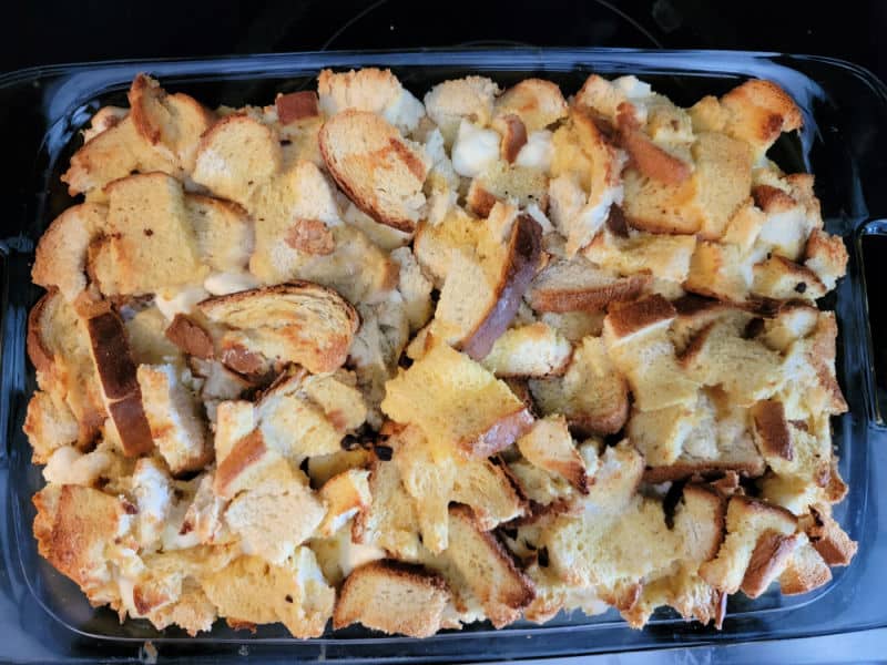 Baked overnight French Toast Breakfast Casserole in a glass casserole baking dish