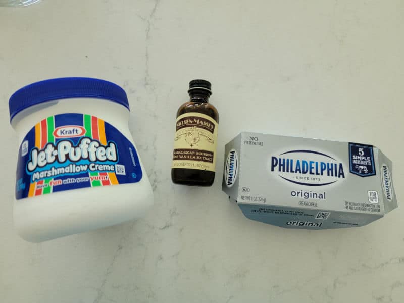 Marshmallow Fruit Dip ingredients, jet puff marshmallow crème, vanilla, and Philadelphia cream cheese 