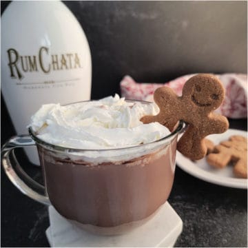 RumChata Hot Chocolate in a glass coffee mug garnished with whipped cream and a gingerbread cookie
