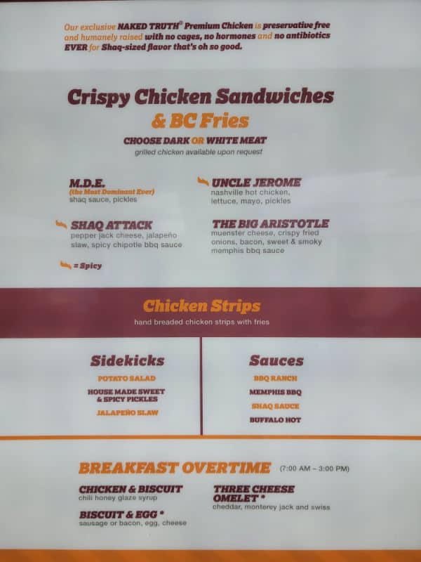 Big chicken menu with Crispy Chicken Sandwiches and Chicken Strips